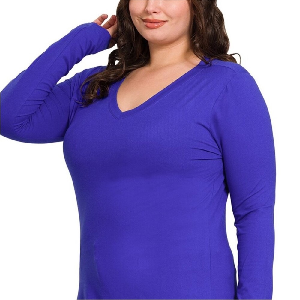 Long Sleeve V-neck Tee Bright Blue Plus Size NEW